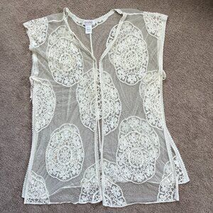 Shyanne White Lace Boho Duster Womens Open Front Side Tie Western Cover-Up Sz L